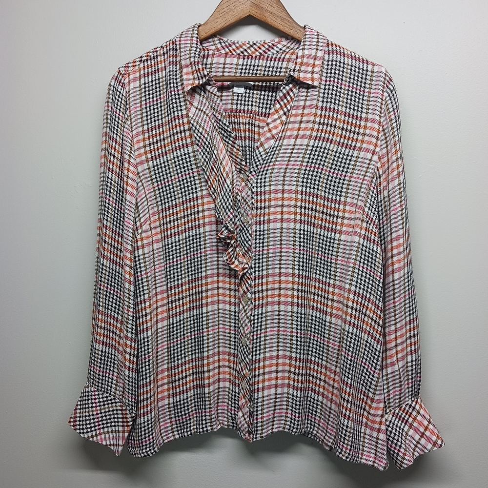 J. Jill Button Down Shirt Women LP Pink Black Plaid Relaxed Long Sleeve Autumn